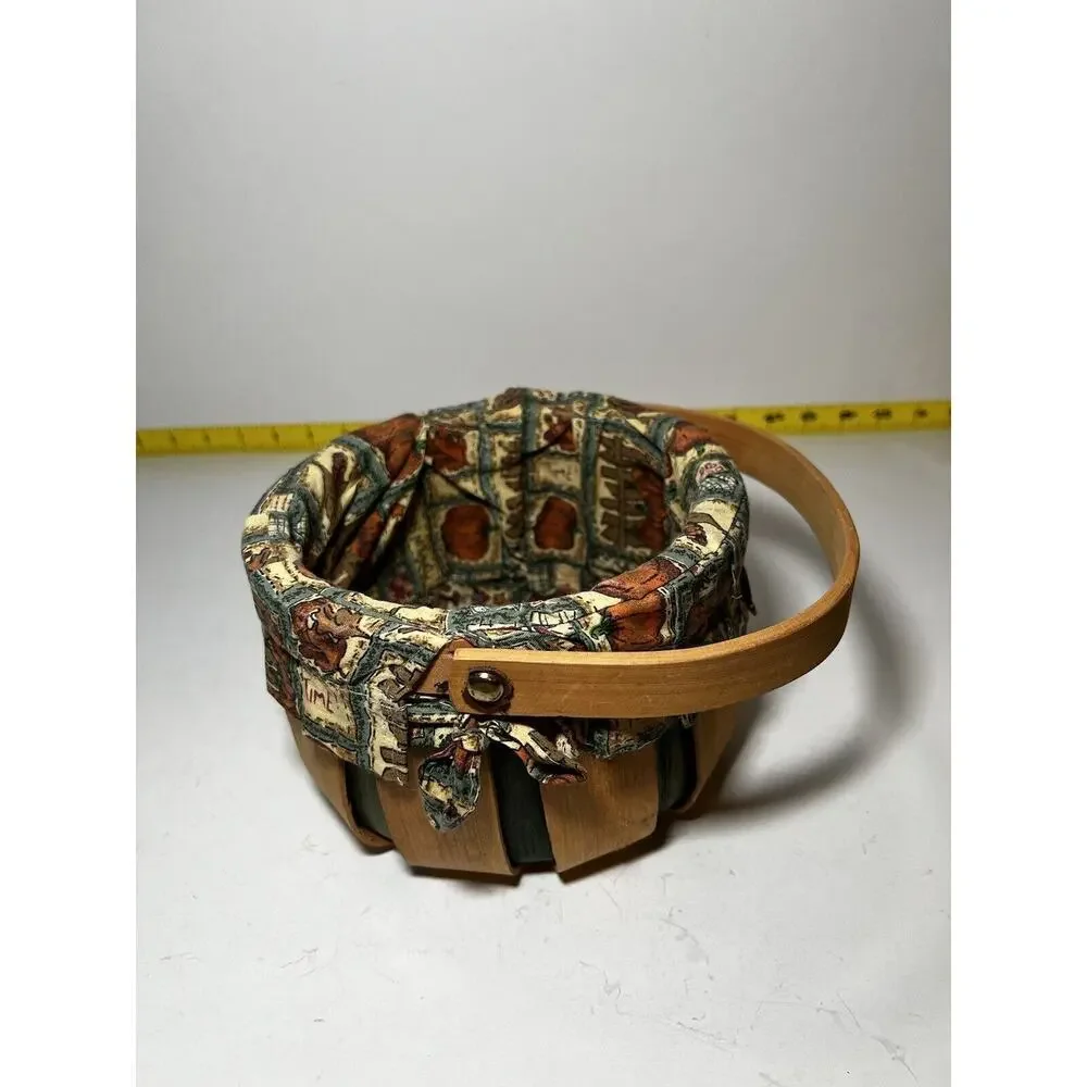 Vintage Wooden Basket Bent Wood Handle Cloth Lined Harvest Nailed Bottom